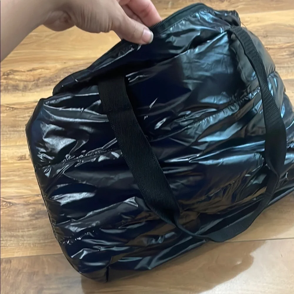 NWOT Shiny Black Glossy Puffer Tote Bag. Zipper, Double Shoulder Straps